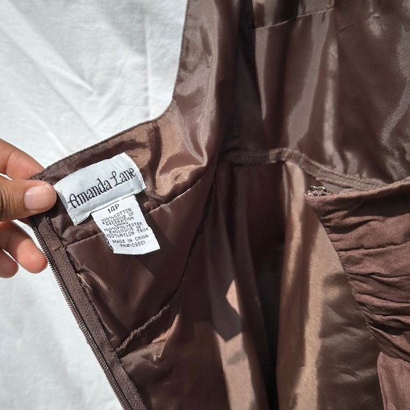 Vintage Brown 100% Cotton Midi Halter Dress w White Eyelet Lace Embroidered - Picture 2 of 5
